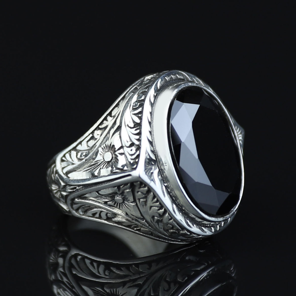 925 Silver Black Stone Silver Ring, Ottoman Style Man Ring, Engraved Zircon Men's Ring, Zircon Stone Ring, 925k Sterling Silver Ring