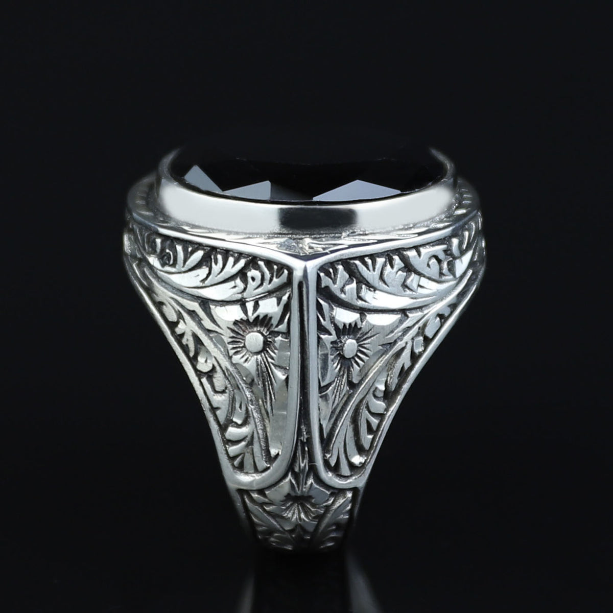 925 Silver Black Stone Silver Ring, Ottoman Style Man Ring, Engraved Zircon Men's Ring, Zircon Stone Ring, 925k Sterling Silver Ring