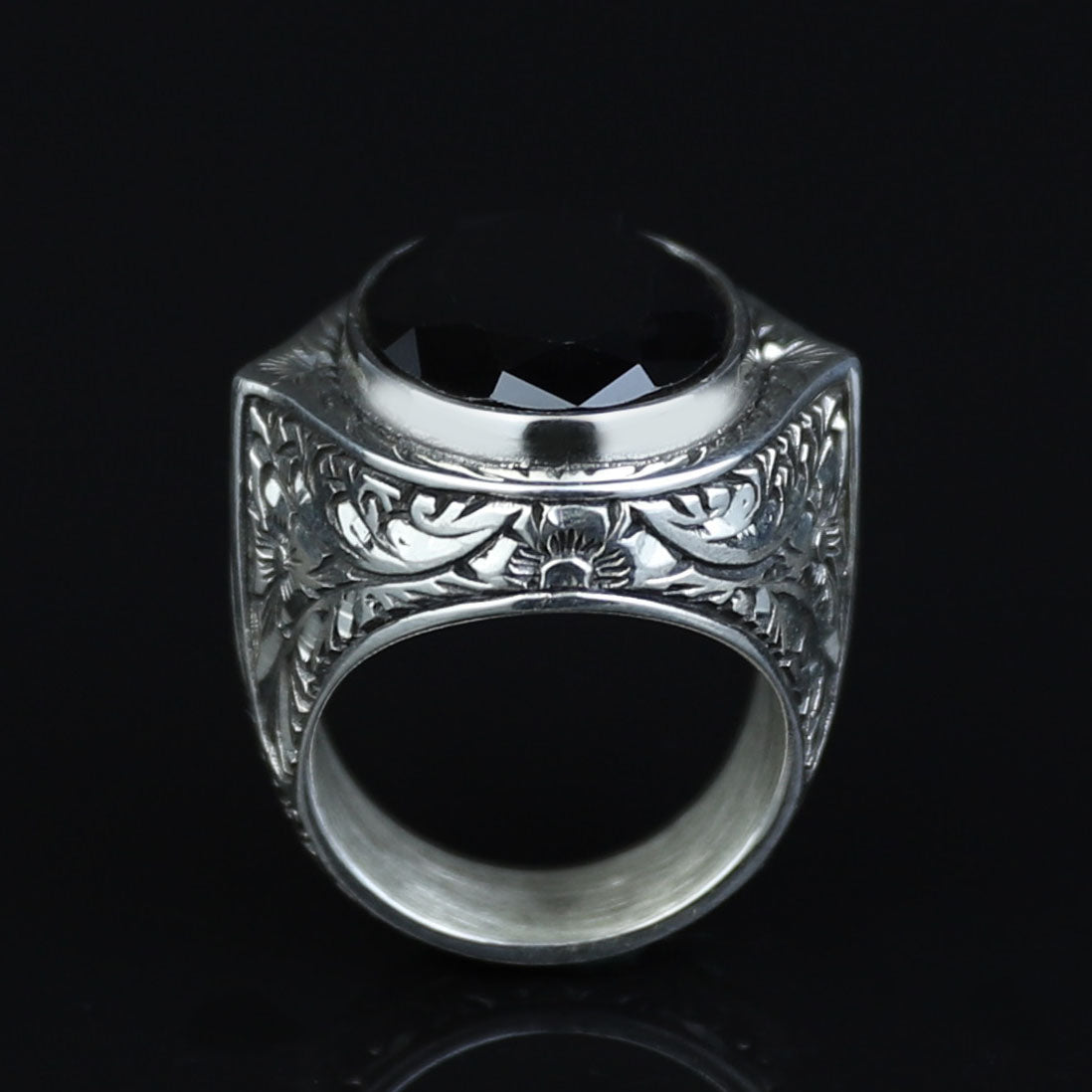 925 Silver Black Stone Silver Ring, Ottoman Style Man Ring, Engraved Zircon Men's Ring, Zircon Stone Ring, 925k Sterling Silver Ring