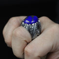 Men Handmade Turkish Engraved Blue Lapis Lazuli Gemstone Silver Ring