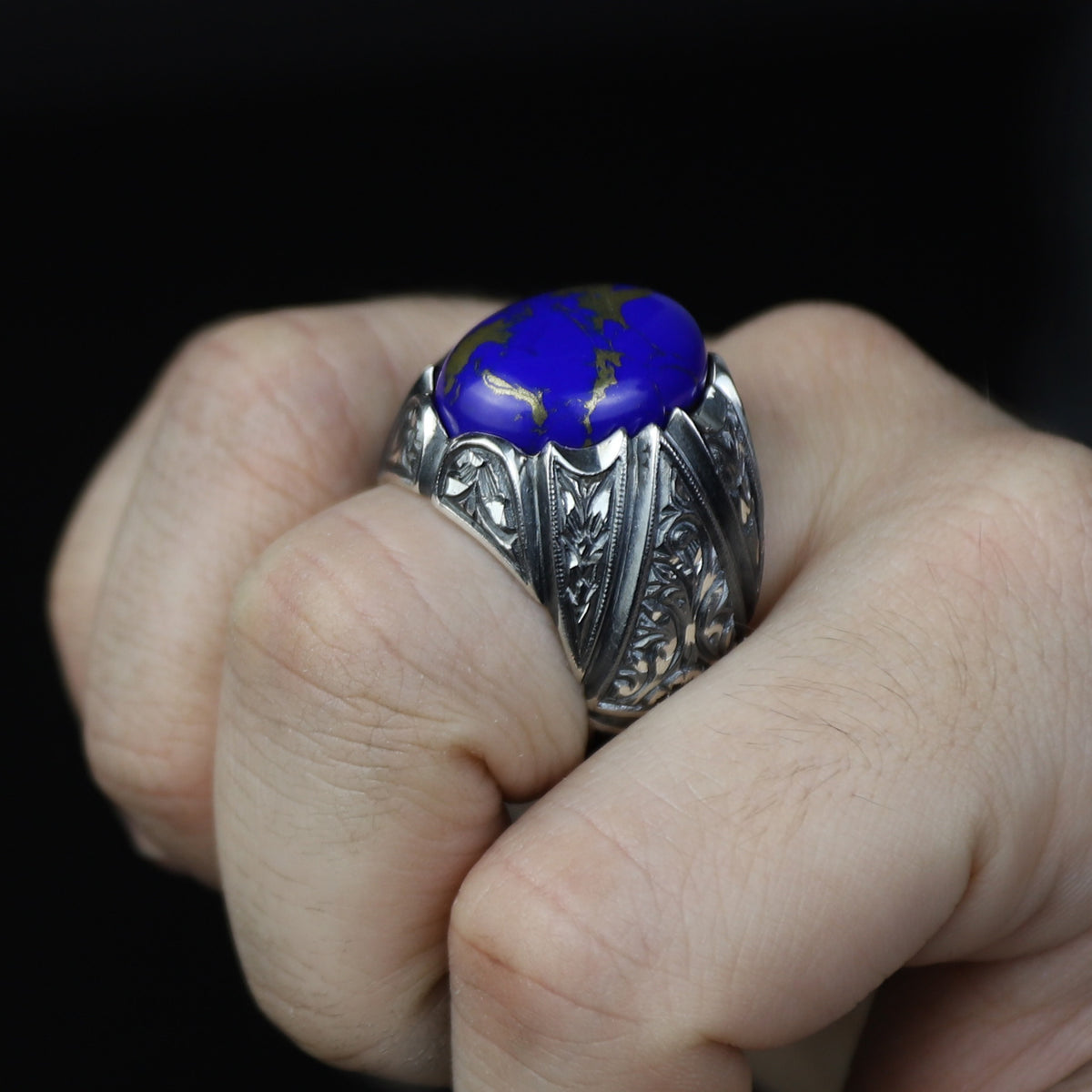 Men Handmade Turkish Engraved Blue Lapis Lazuli Gemstone Silver Ring