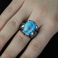 Men Handmade Sterling Silver Oval Floral Engraved Turquoise Gemstone Ring