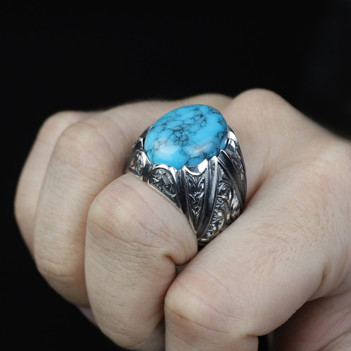 Men Handmade Sterling Silver Oval Floral Engraved Turquoise Gemstone Ring