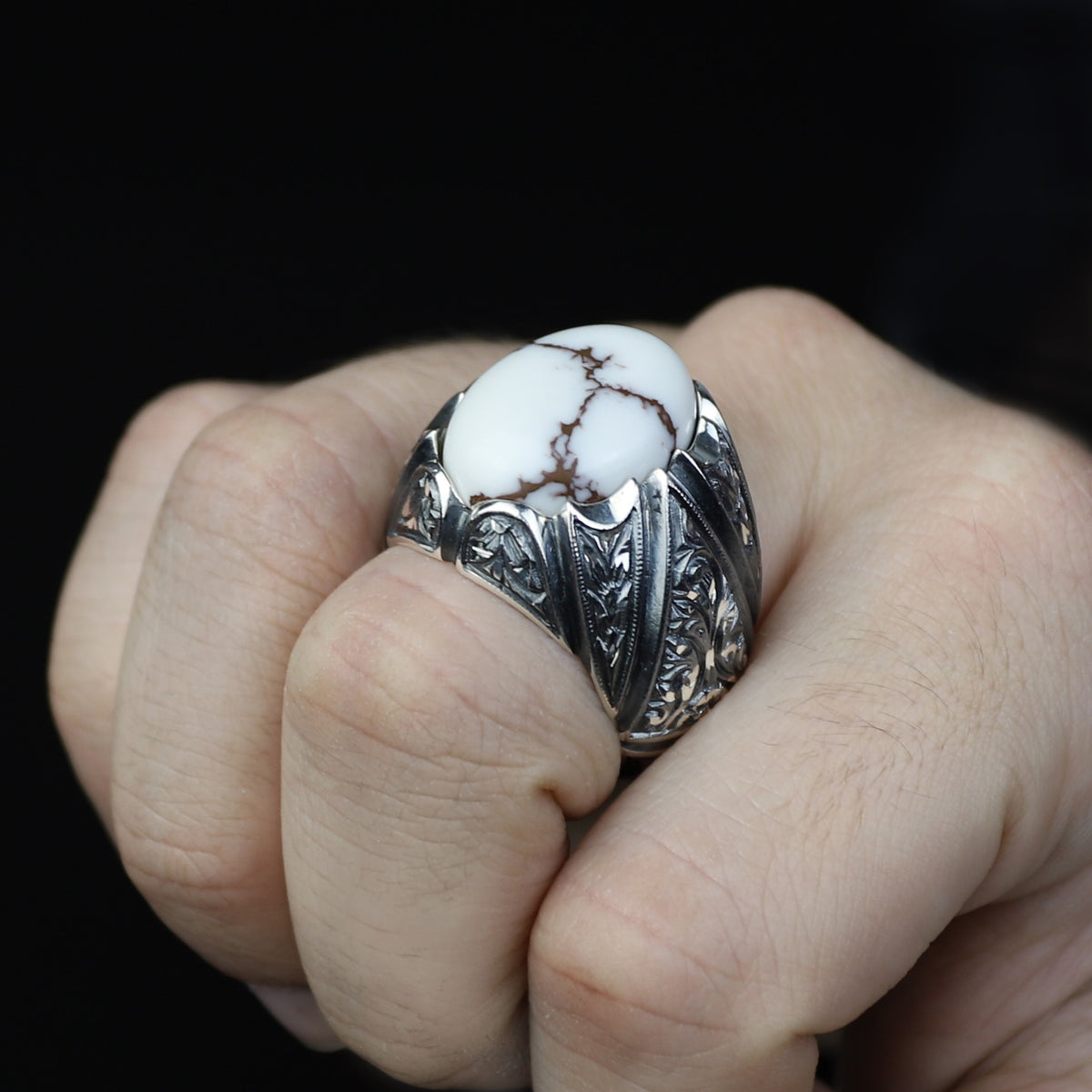 Men Handmade Buffalo Turquoise Gemstone Engraved Ring