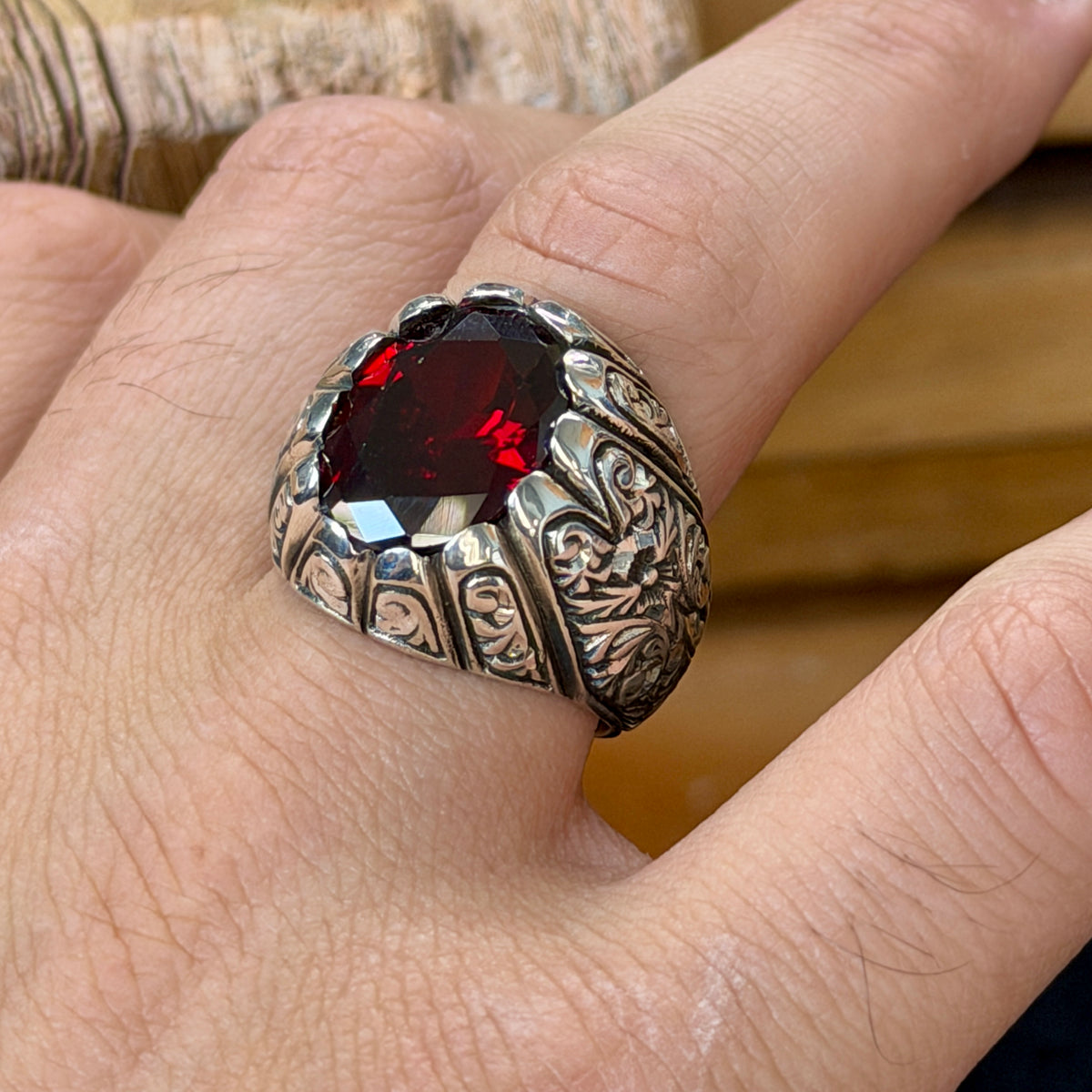 925 Sterling Silver Dark Red Garnet Ring – Vintage Handmade Style