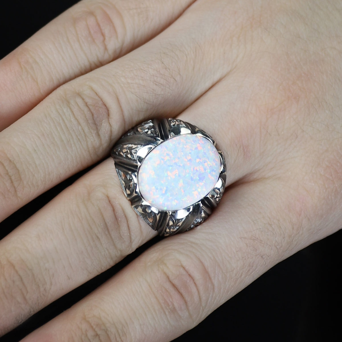 925 Men Handmade White Fire Opal Gemstone Turkish Engraved Ring