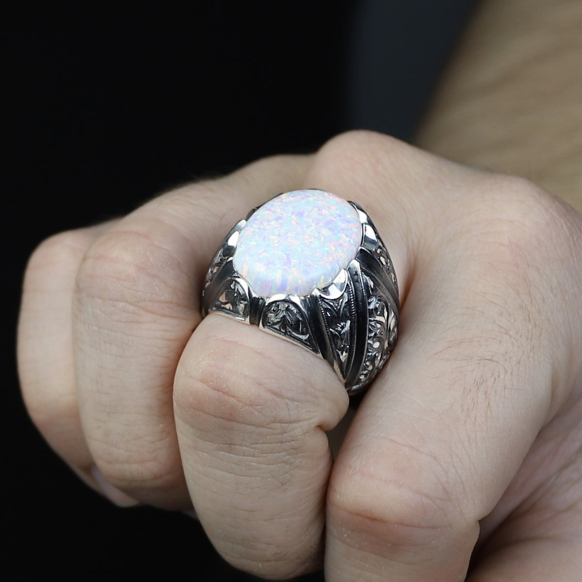 925 Men Handmade White Fire Opal Gemstone Turkish Engraved Ring