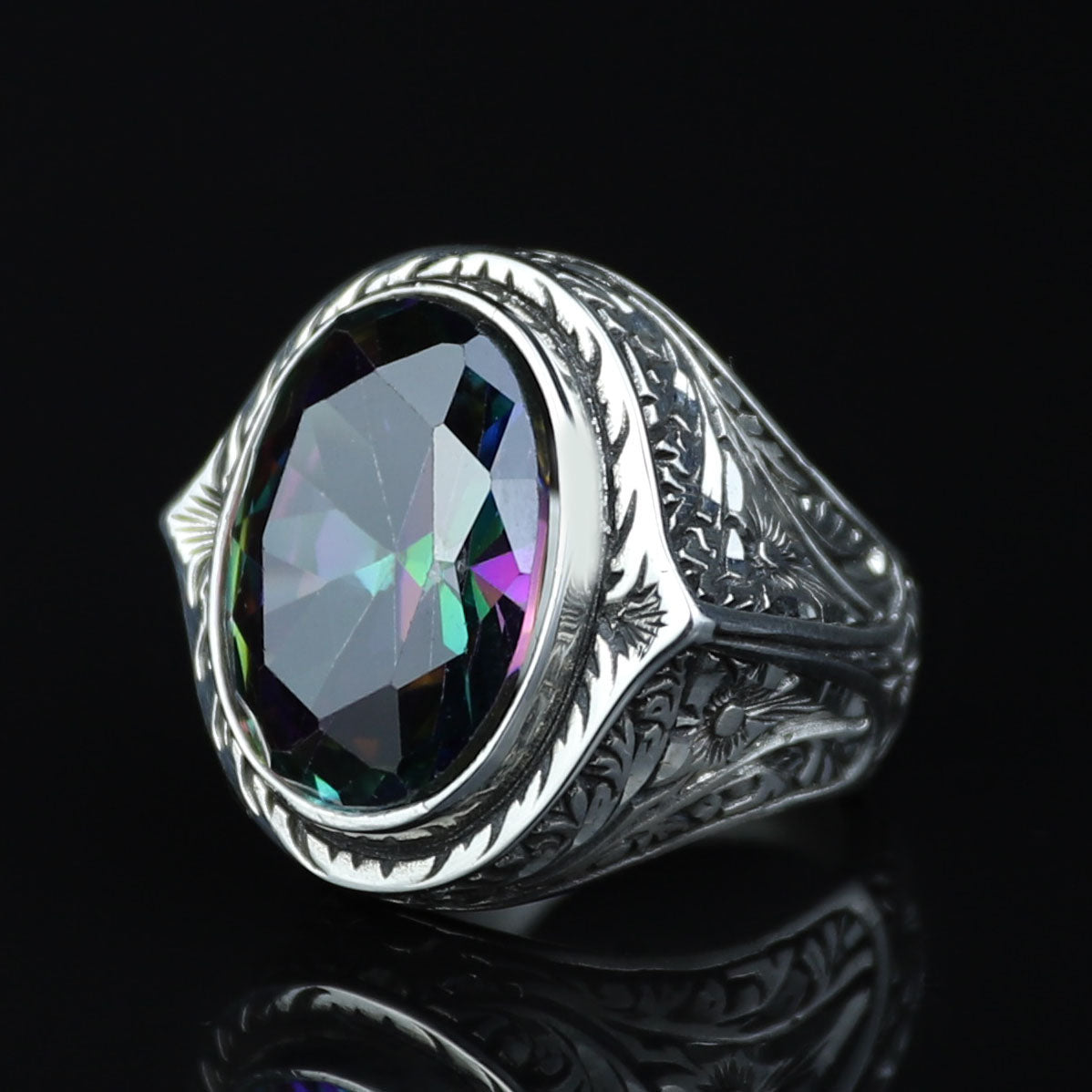 925 Silver Mystic Topaz Silver Ring, Colorless Topaz Stone Ring, Engraved Handmade Ring, Turkish Handmade Silver Ring, Gift For Men