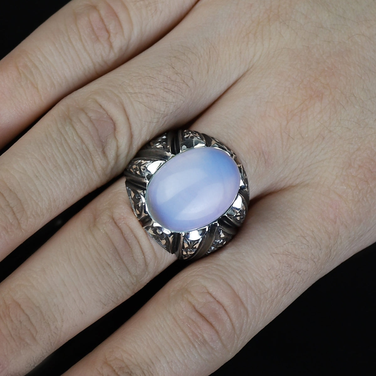 Men Handmade Rainbow Moonstone Engraved Turkish Handmade Ring