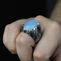 Men Handmade Rainbow Moonstone Engraved Turkish Handmade Ring