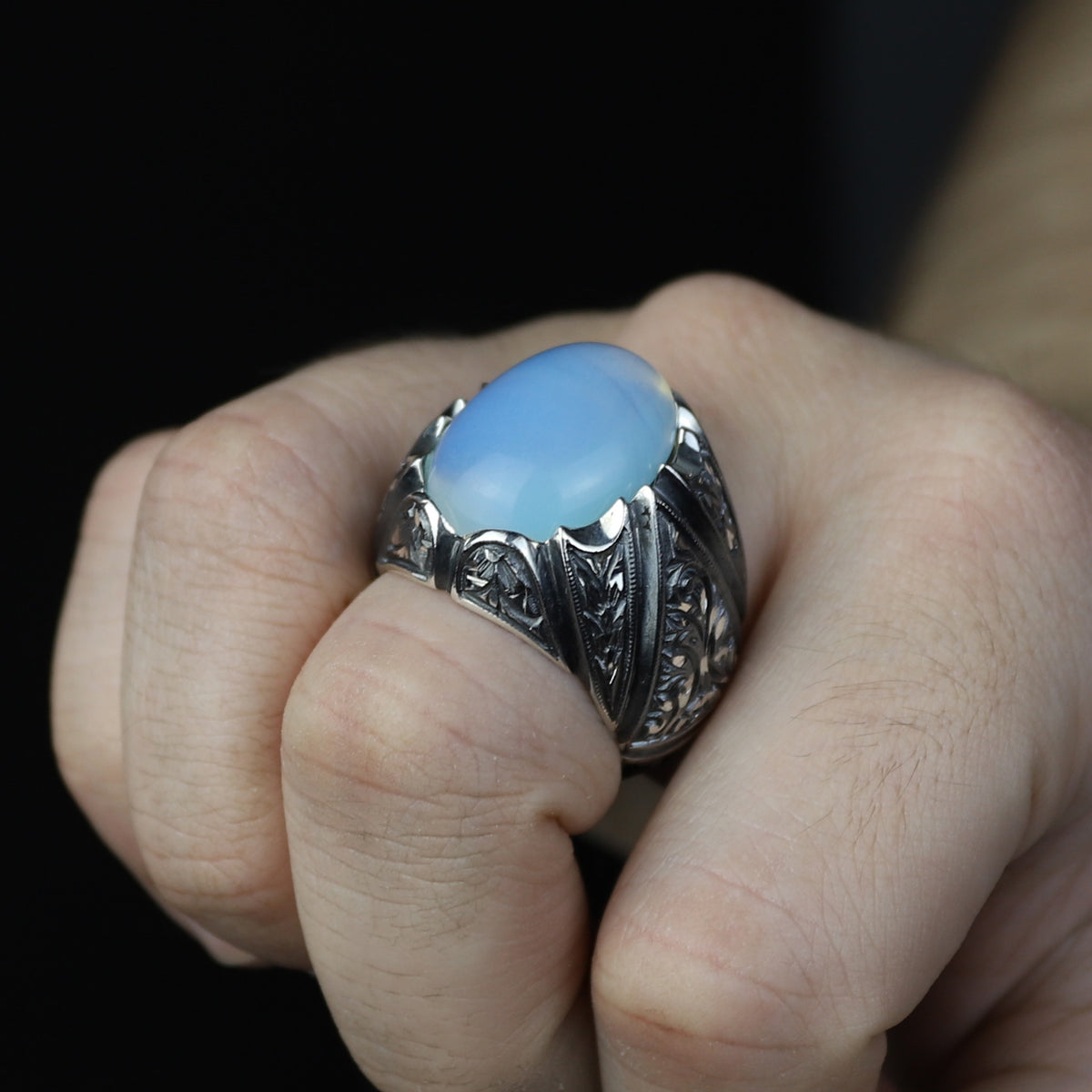 Men Handmade Rainbow Moonstone Engraved Turkish Handmade Ring