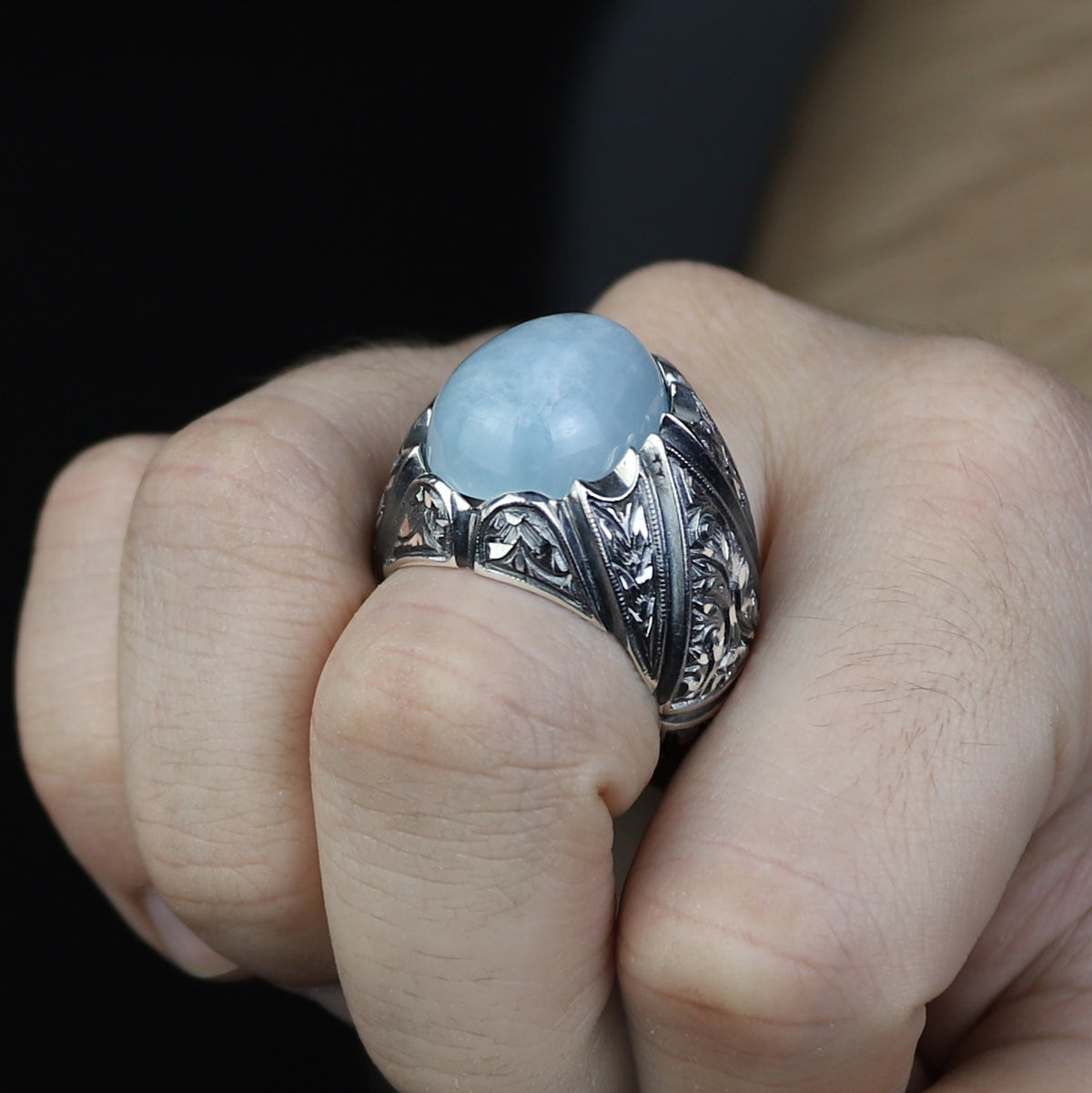 925 Men Handmade Silver Natural Aquamarine Gemstone Ring