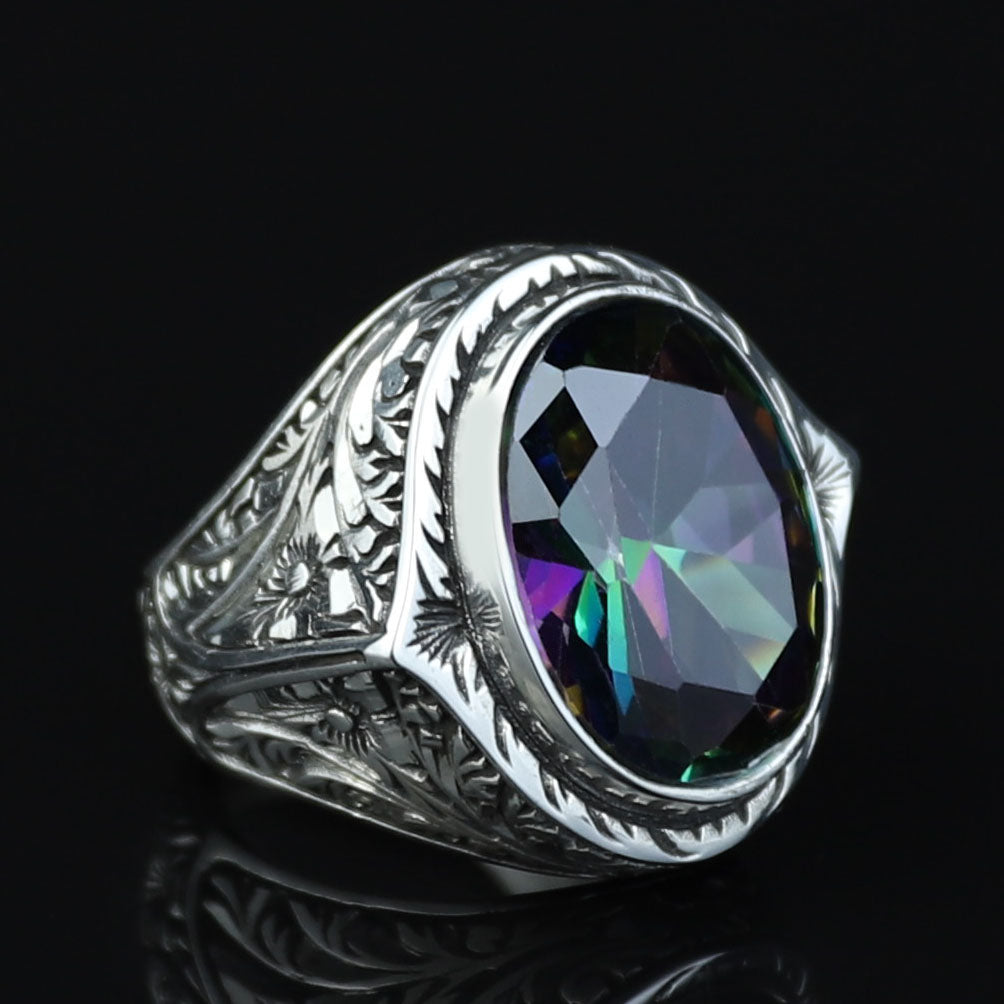925 Silver Mystic Topaz Silver Ring, Colorless Topaz Stone Ring, Engraved Handmade Ring, Turkish Handmade Silver Ring, Gift For Men