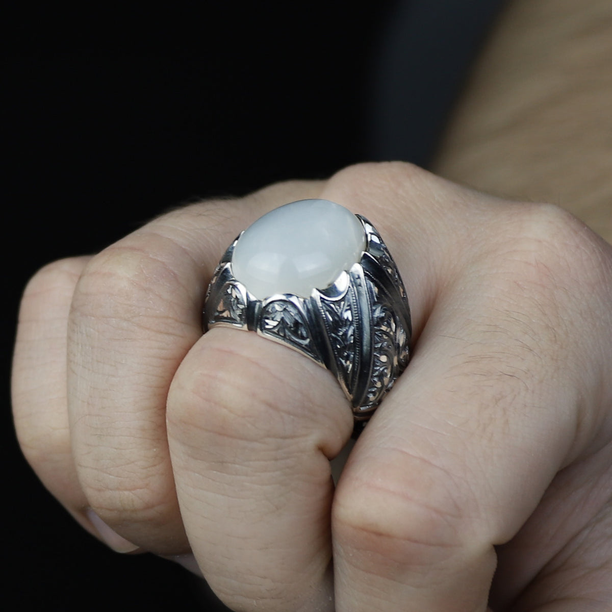 925 Silver Turkish Engraved Oval Rainbow Moonstone Ring