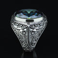 925 Silver Mystic Topaz Silver Ring, Colorless Topaz Stone Ring, Engraved Handmade Ring, Turkish Handmade Silver Ring, Gift For Men