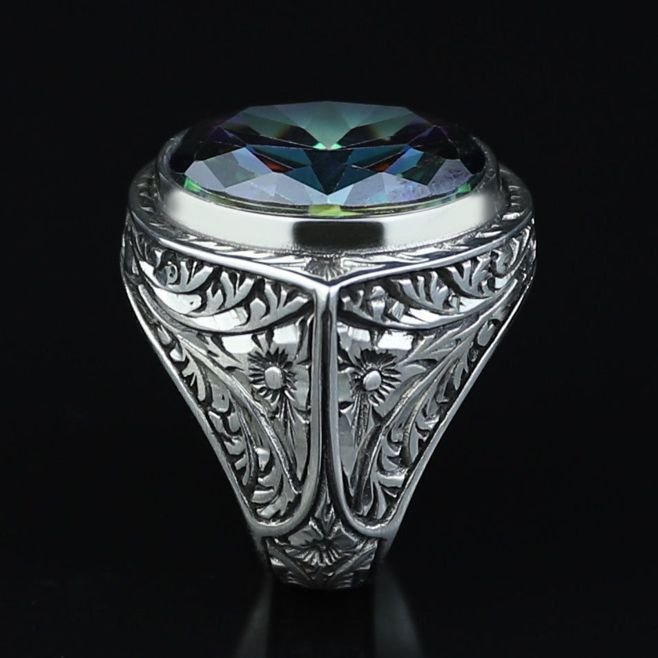 925 Silver Mystic Topaz Silver Ring, Colorless Topaz Stone Ring, Engraved Handmade Ring, Turkish Handmade Silver Ring, Gift For Men