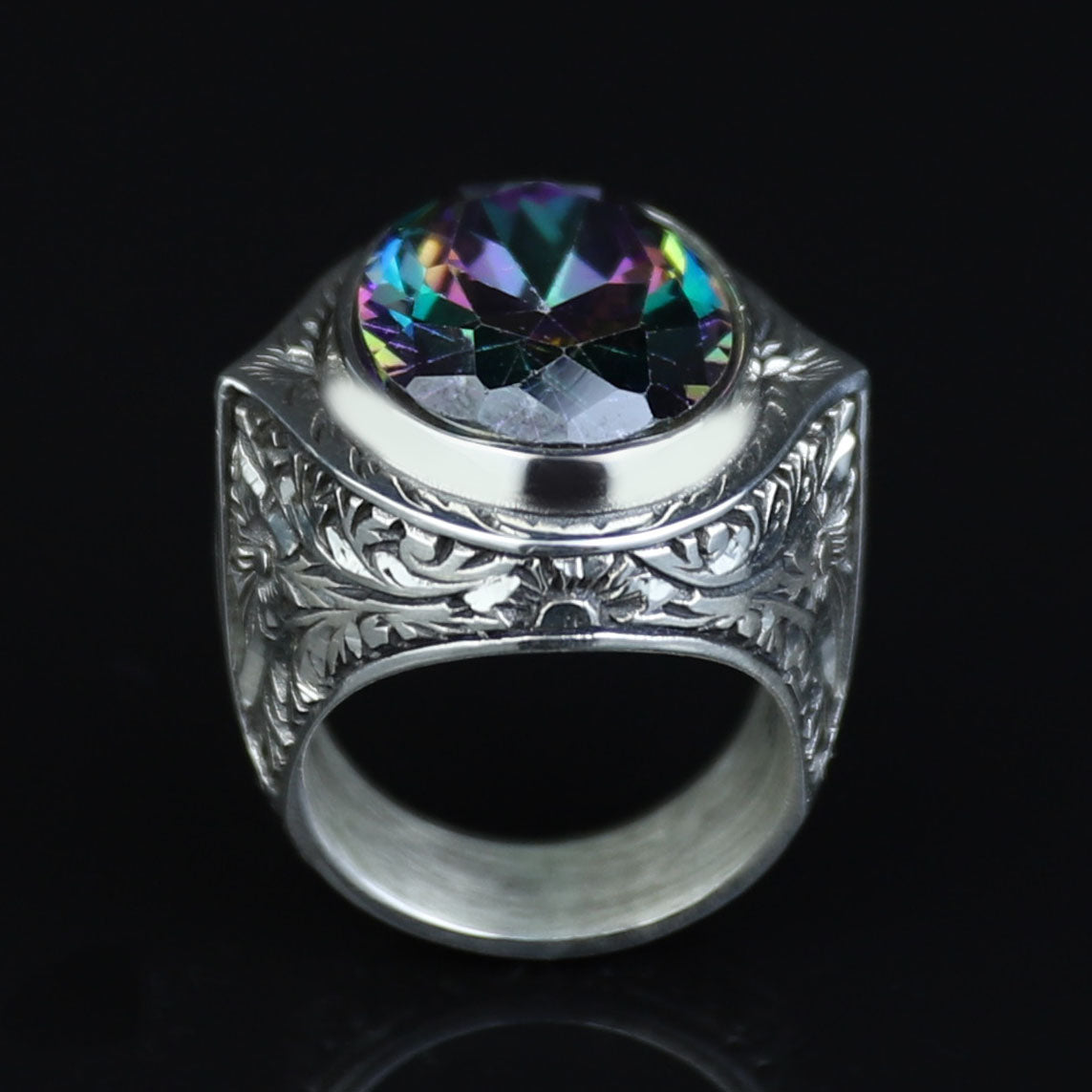 925 Silver Mystic Topaz Silver Ring, Colorless Topaz Stone Ring, Engraved Handmade Ring, Turkish Handmade Silver Ring, Gift For Men