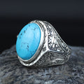 Men Engraved Silver Turquoise Ring , Handcrafted Ottoman Men Ring, Natural Gemstone Ring, 925k Sterling Silver Ring, Gift for Him