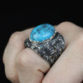 Men Handmade Hand-Engraved Blue Turquoise Gemstone Ring
