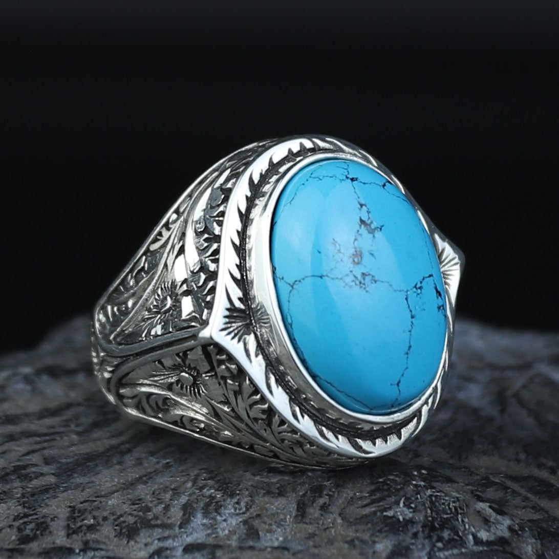 Men Engraved Silver Turquoise Ring , Handcrafted Ottoman Men Ring, Natural Gemstone Ring, 925k Sterling Silver Ring, Gift for Him
