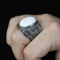 Men Handmade Natural White Opal Gemstone Engraved Ring