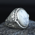 Men Silver White Turquoise Ring, Natural White Turquoise Engraved Ring, Oval Turquoise Sterling Silver Men Ring, 925k Sterling Silver Ring