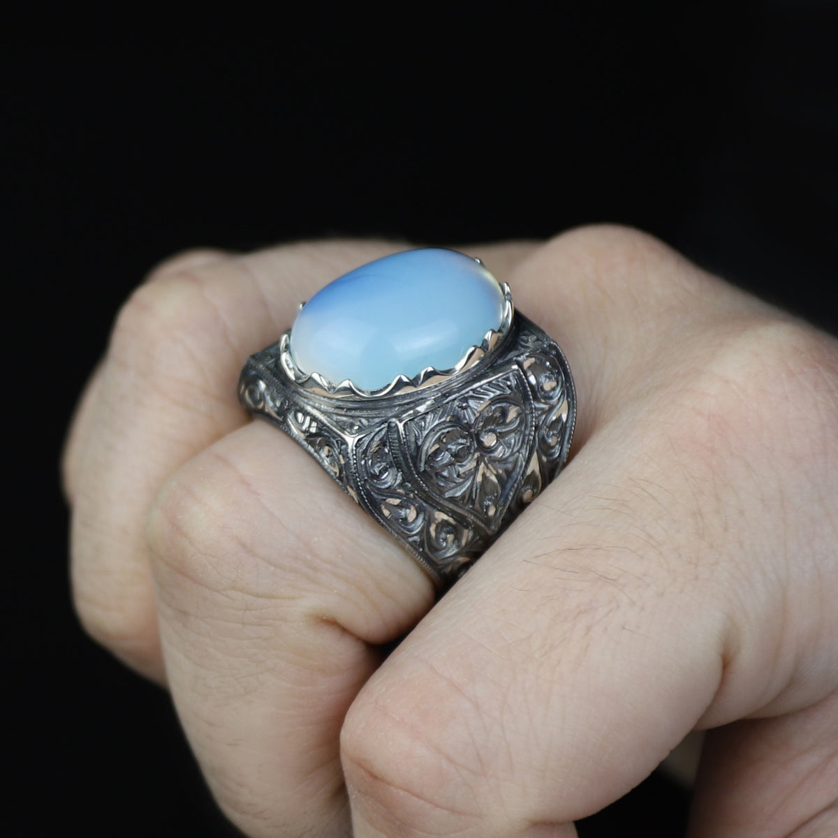 Men Handmade Moonstone Engraved Gemstone Silver Ring
