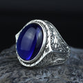 Men's Natural Sapphire Stone Ring, Oval Dark Sapphire Ring, Engraved Handmade Ring, Ottoman Style Ring, 925k Sterling Silver Handmade Ring