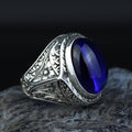 Men's Natural Sapphire Stone Ring, Oval Dark Sapphire Ring, Engraved Handmade Ring, Ottoman Style Ring, 925k Sterling Silver Handmade Ring