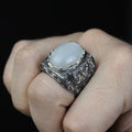 Men Handmade Natural Moonstone Gemstone Engraved Silver Ring