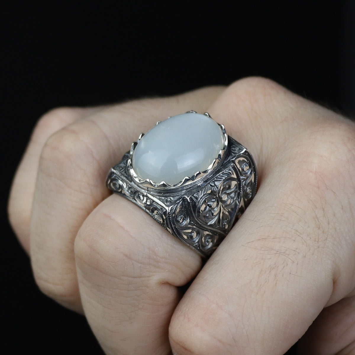 Men Handmade Natural Moonstone Gemstone Engraved Silver Ring