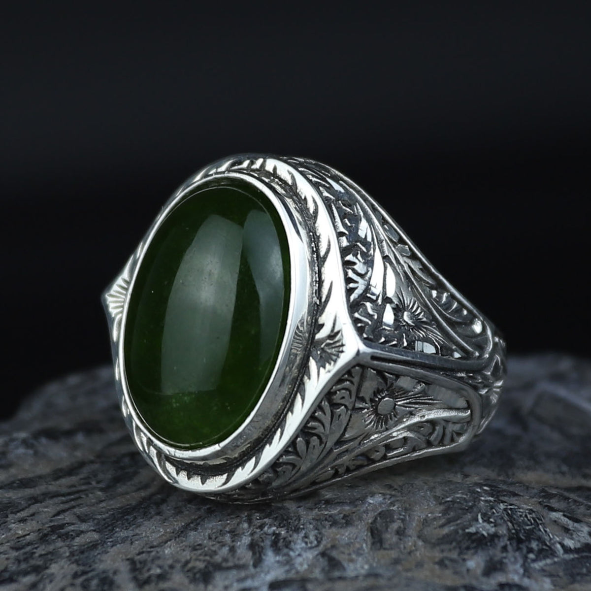 Men Large Jade Stone Ring, Natural Engraved Jade Stone Ring, Ottoman Style Jade Ring, Natural Jade Vintage Style Ring, 925k Sterling Silver