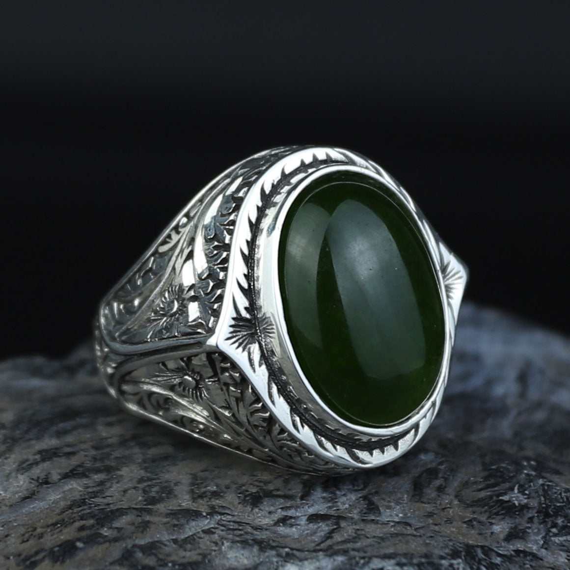 Men Large Jade Stone Ring, Natural Engraved Jade Stone Ring, Ottoman Style Jade Ring, Natural Jade Vintage Style Ring, 925k Sterling Silver