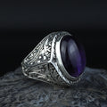 Men Silver Natural Amethyst Ring, Engraved Hanmdade Amethyst Ring, Handmade Engraved Ring, Purple Gemstone Ring, Vintage Silver Ring