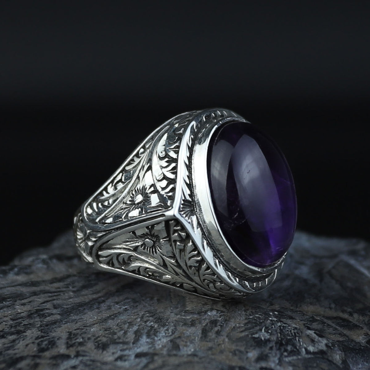 Men Silver Natural Amethyst Ring, Engraved Hanmdade Amethyst Ring, Handmade Engraved Ring, Purple Gemstone Ring, Vintage Silver Ring