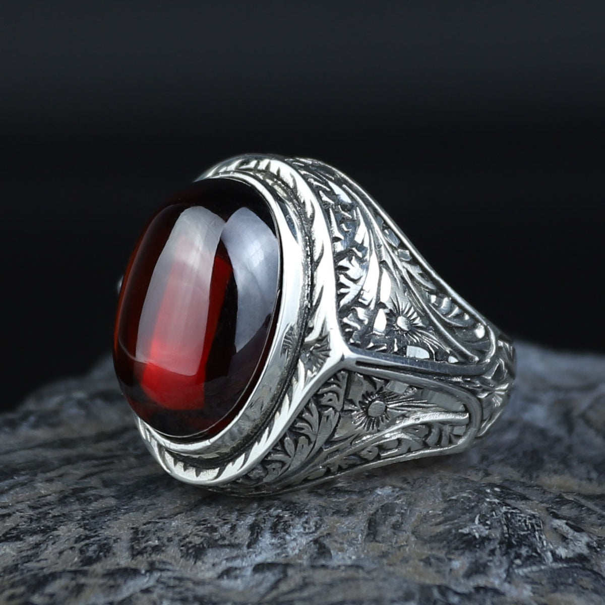 Men Silver Oval Ruby Stone Ring, Zircon Red Stone Ring, Engraved Style Handmade Ring, 925k Sterling Silver Ring , Gift For Him
