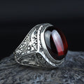 Men Silver Oval Ruby Stone Ring, Zircon Red Stone Ring, Engraved Style Handmade Ring, 925k Sterling Silver Ring , Gift For Him