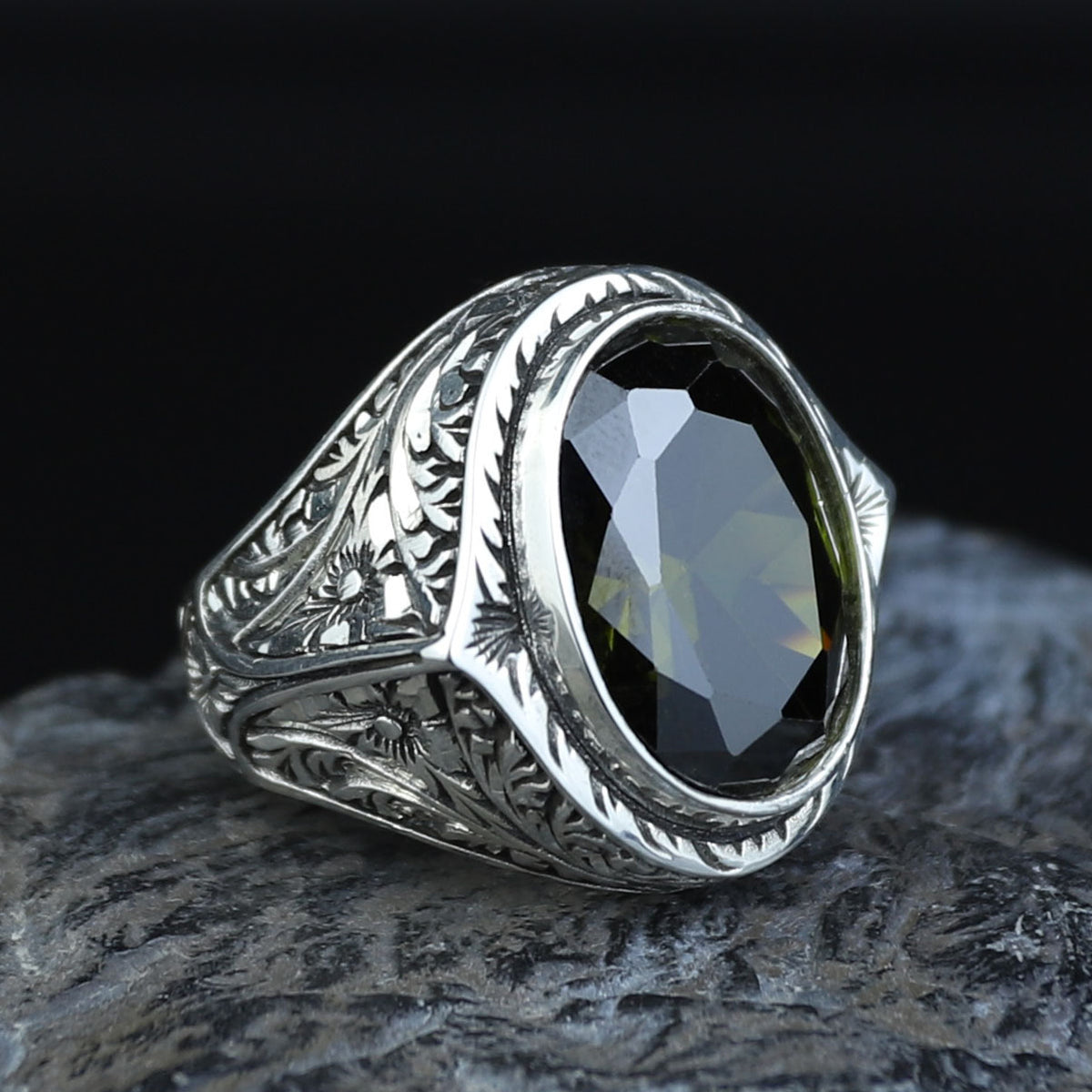 925 Silver Handmade Peridot Gemstone Ring, Engraved Green Gemstone Men Ring, Handmade Gemstone Men Ring, Floral Engraved Ring, Gift For Men