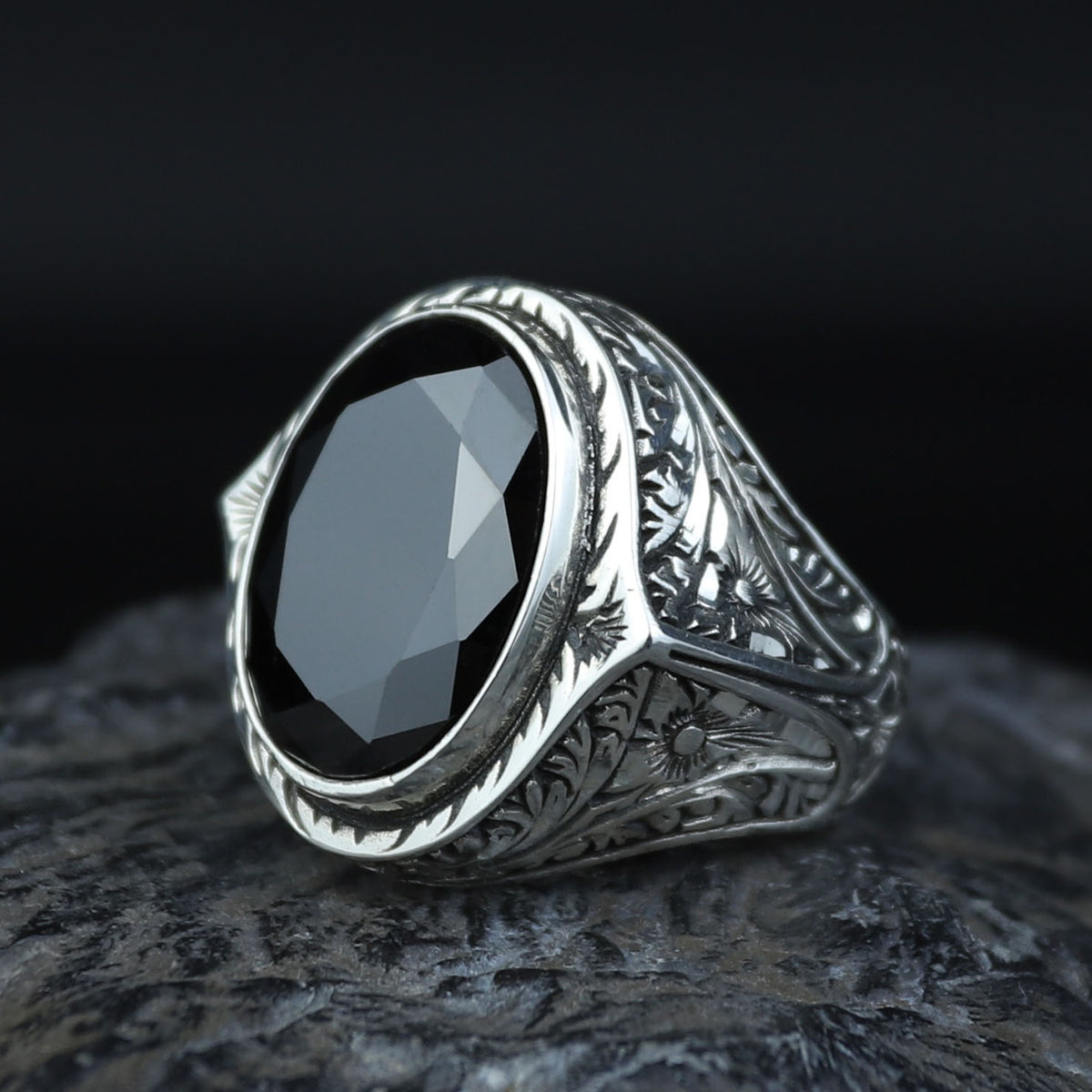 925 Silver Black Stone Silver Ring, Ottoman Style Man Ring, Engraved Zircon Men's Ring, Zircon Stone Ring, 925k Sterling Silver Ring