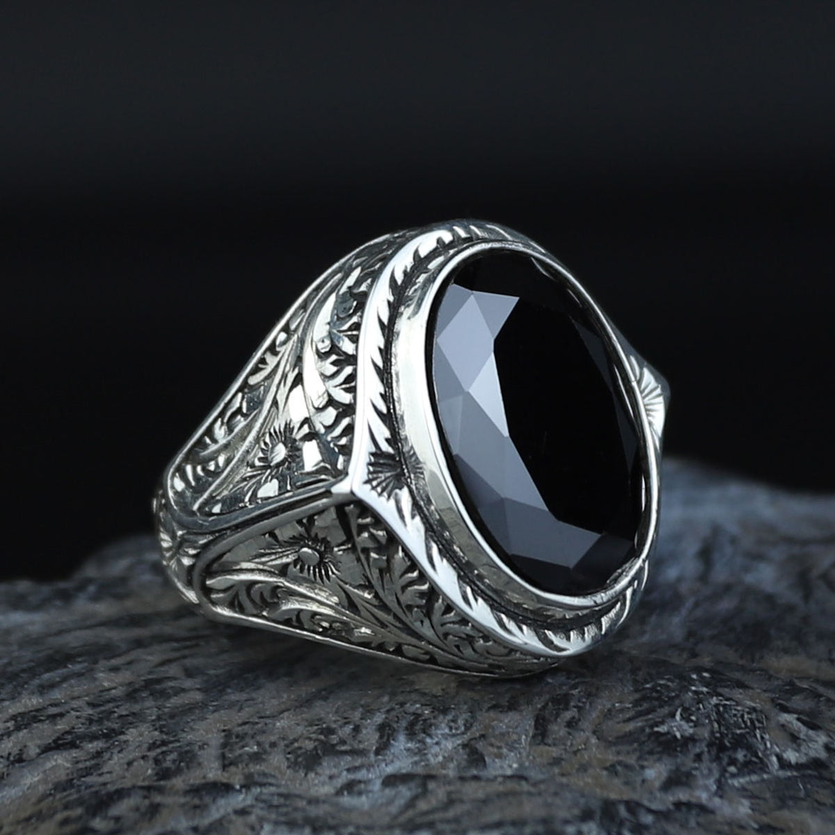 925 Silver Black Stone Silver Ring, Ottoman Style Man Ring, Engraved Zircon Men's Ring, Zircon Stone Ring, 925k Sterling Silver Ring