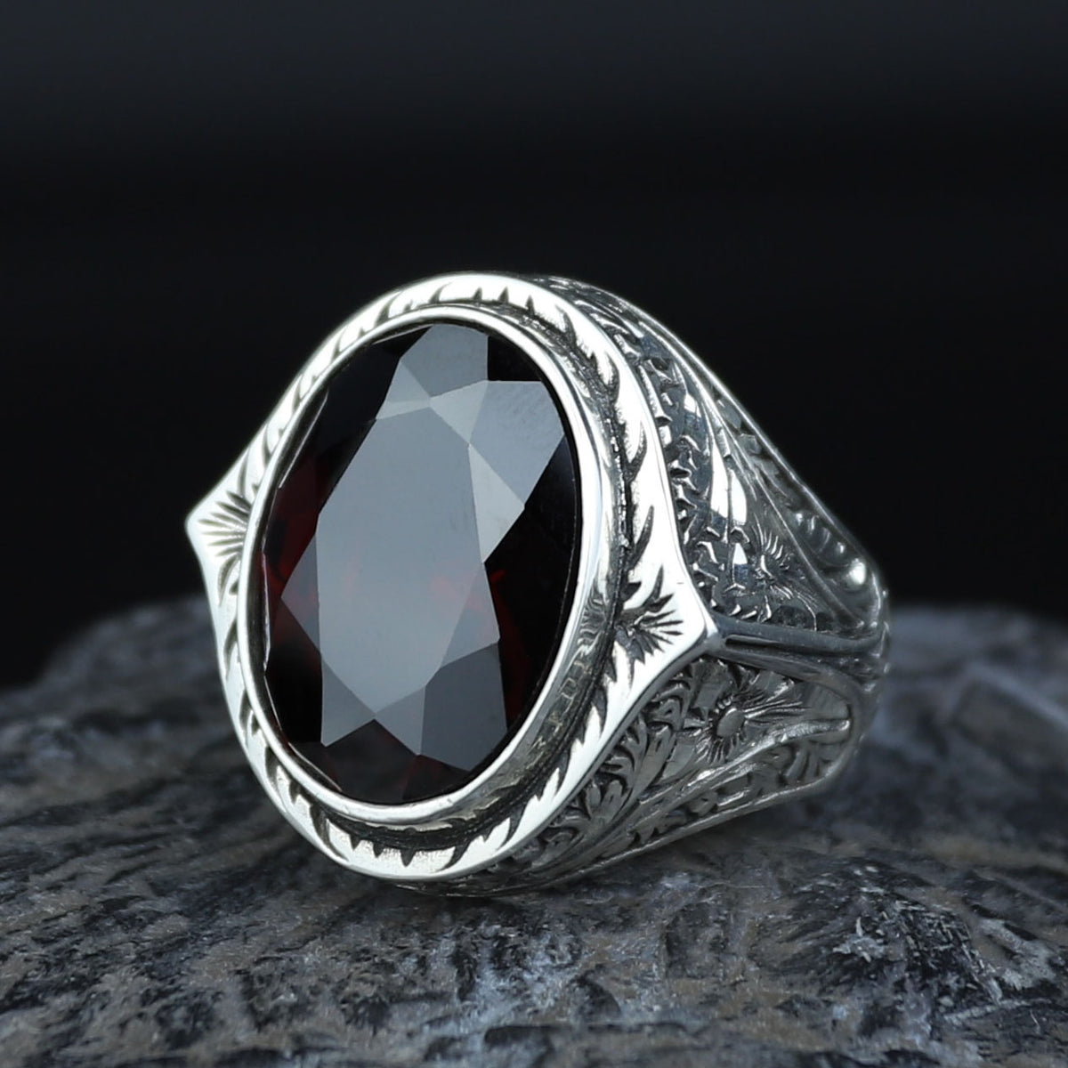 925 Silver Dark Ruby Stone Ring, Vintage Red Gemstone Men Ring, Garnet Gemstone Ring, Mens Turkish Handmade Ring, 925 Sterling Silver