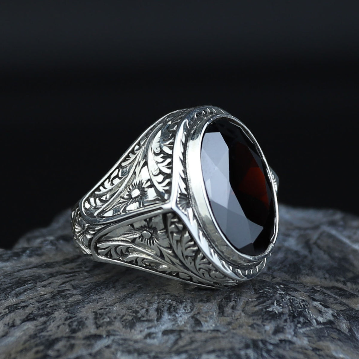 925 Silver Dark Ruby Stone Ring, Vintage Red Gemstone Men Ring, Garnet Gemstone Ring, Mens Turkish Handmade Ring, 925 Sterling Silver