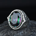 925 Silver Mystic Topaz Silver Ring, Colorless Topaz Stone Ring, Engraved Handmade Ring, Turkish Handmade Silver Ring, Gift For Men