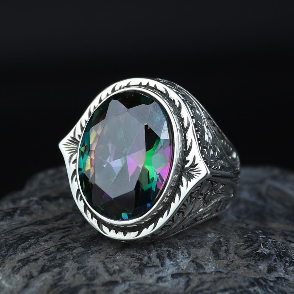 925 Silver Mystic Topaz Silver Ring, Colorless Topaz Stone Ring, Engraved Handmade Ring, Turkish Handmade Silver Ring, Gift For Men