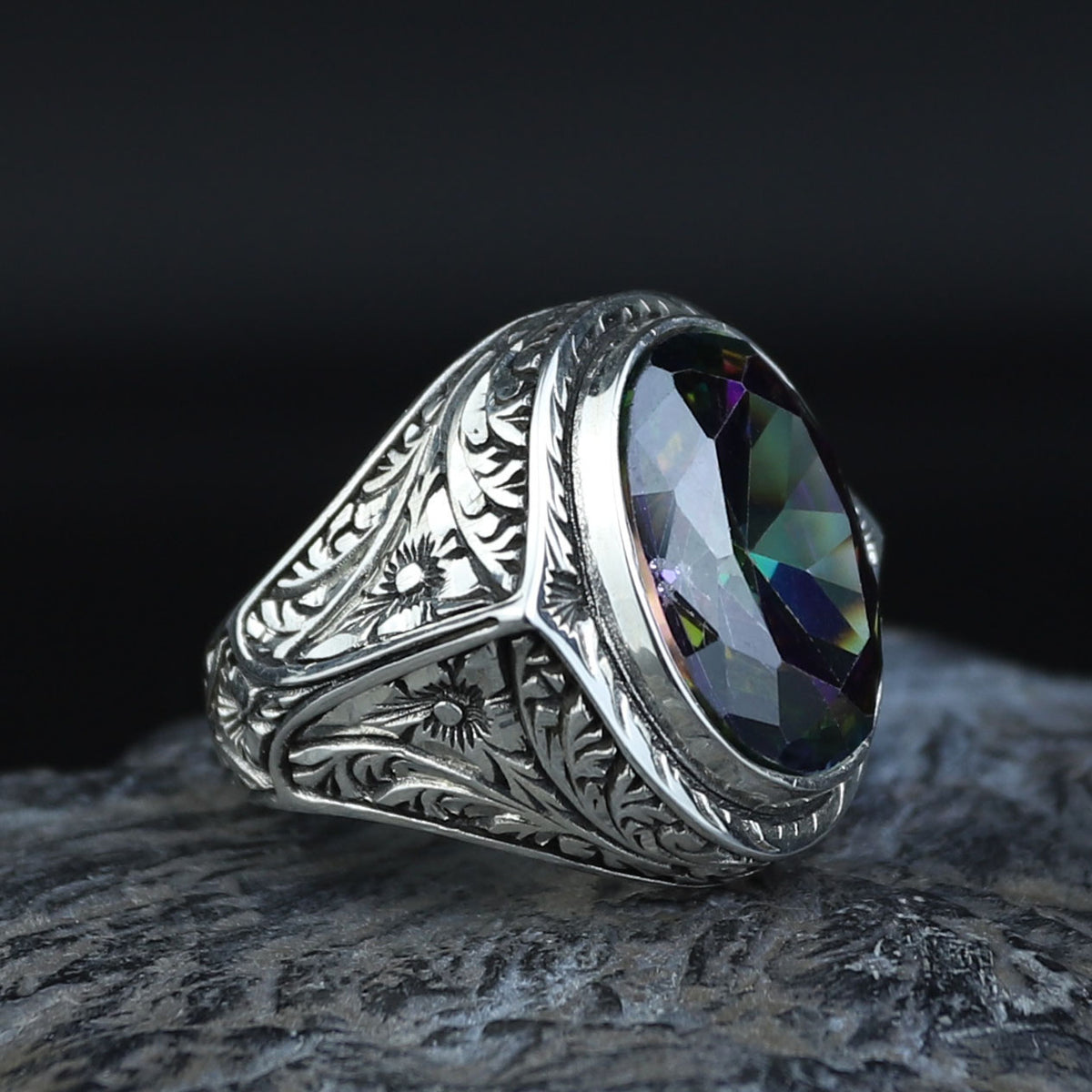 925 Silver Mystic Topaz Silver Ring, Colorless Topaz Stone Ring, Engraved Handmade Ring, Turkish Handmade Silver Ring, Gift For Men