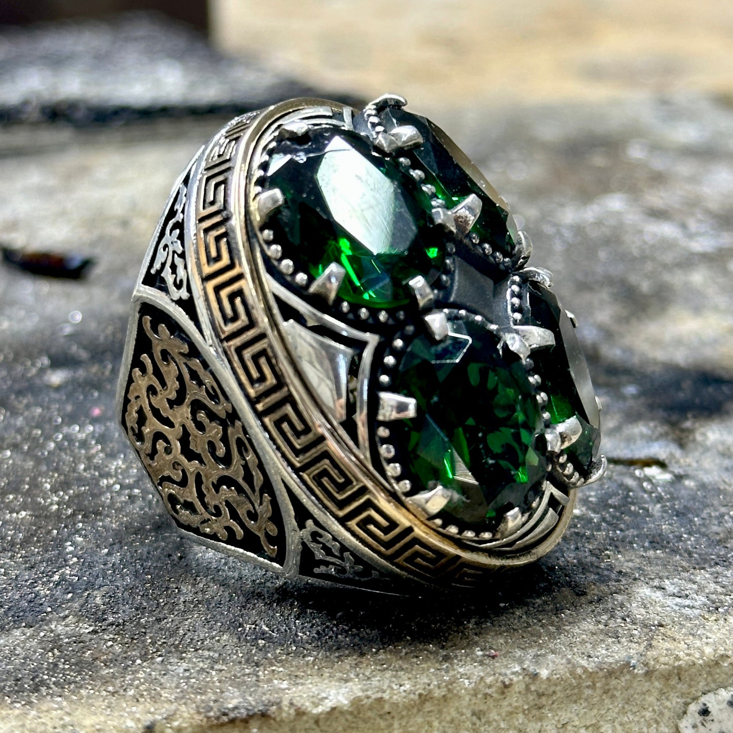 Men Silver Large Emerald Gemstone Handmade Ring