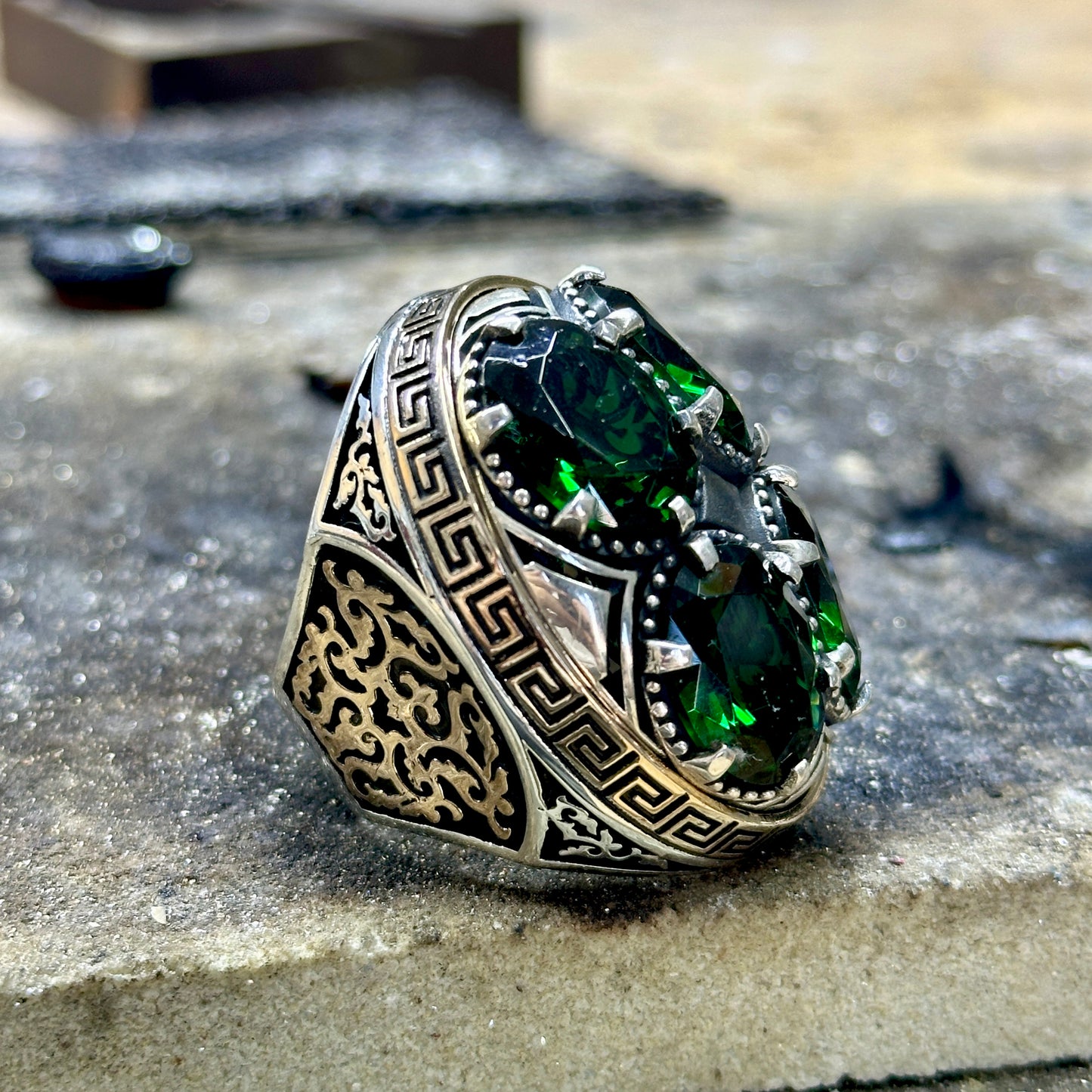 Men Silver Large Emerald Gemstone Handmade Ring