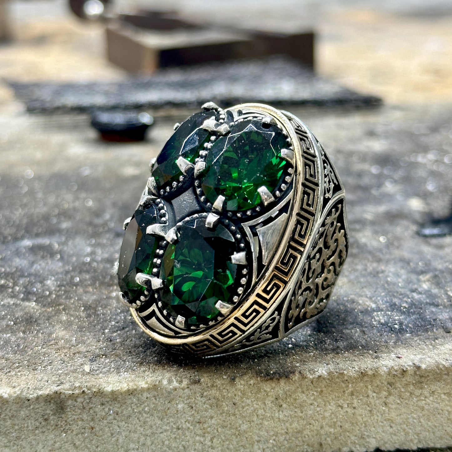 Men Silver Large Emerald Gemstone Handmade Ring