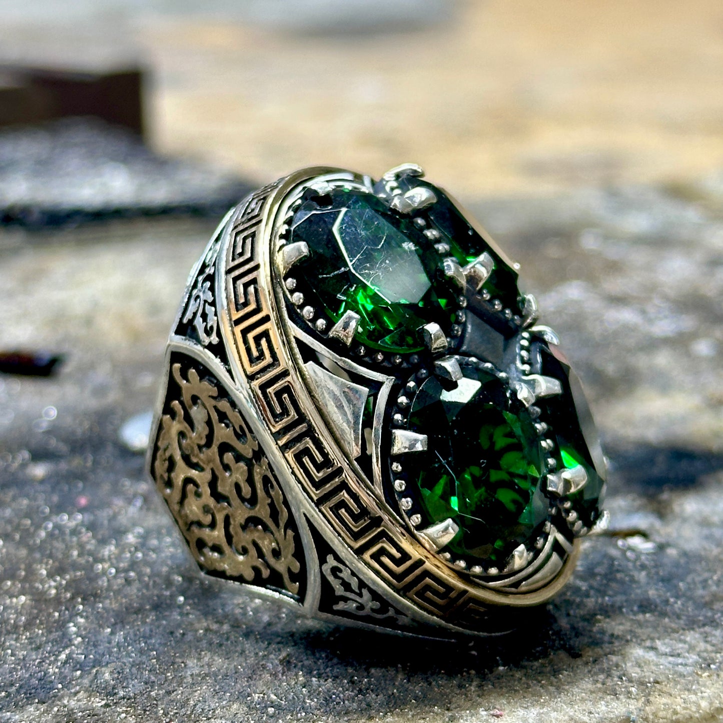 Men Silver Large Emerald Gemstone Handmade Ring