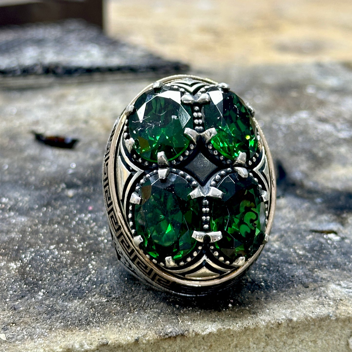 Men Silver Large Emerald Gemstone Handmade Ring